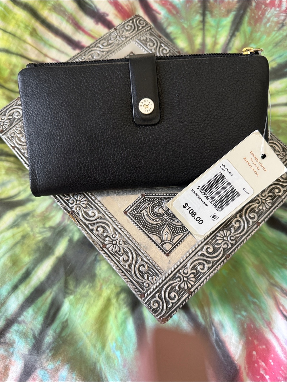 NWTS! Radley Black Leather Zip Wallet with Button Strap